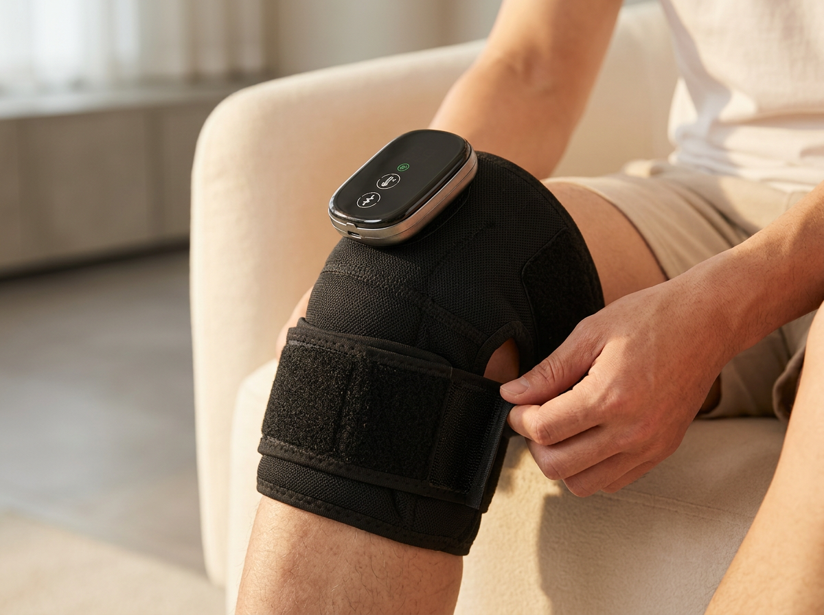 KNEEZY KNEE wrapped and fastened around a knee