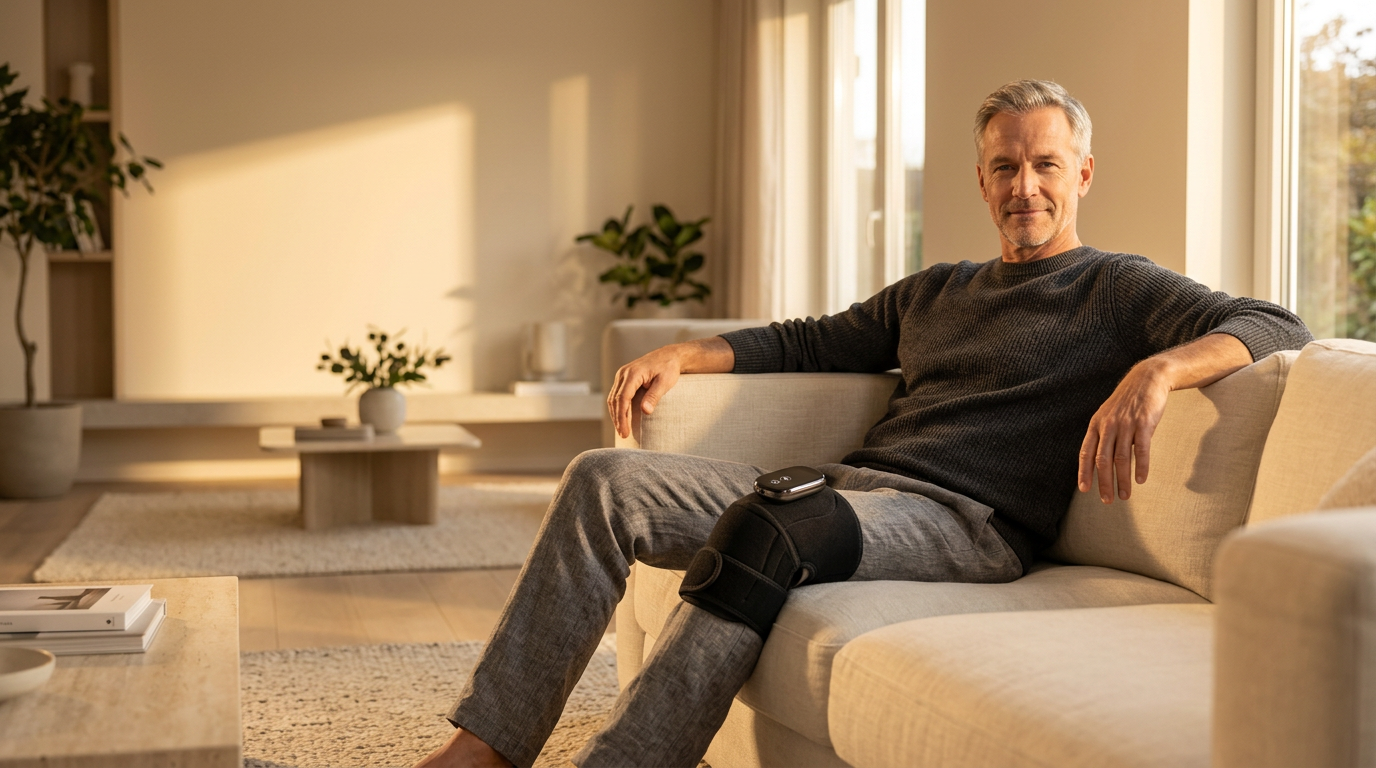 Relaxing at home wearing the KNEEZY KNEE